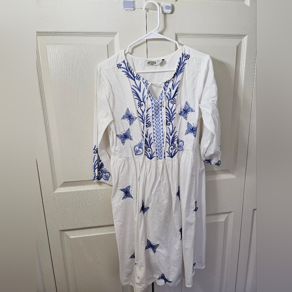White and Blue Embellished Puff Sleeve Sundress